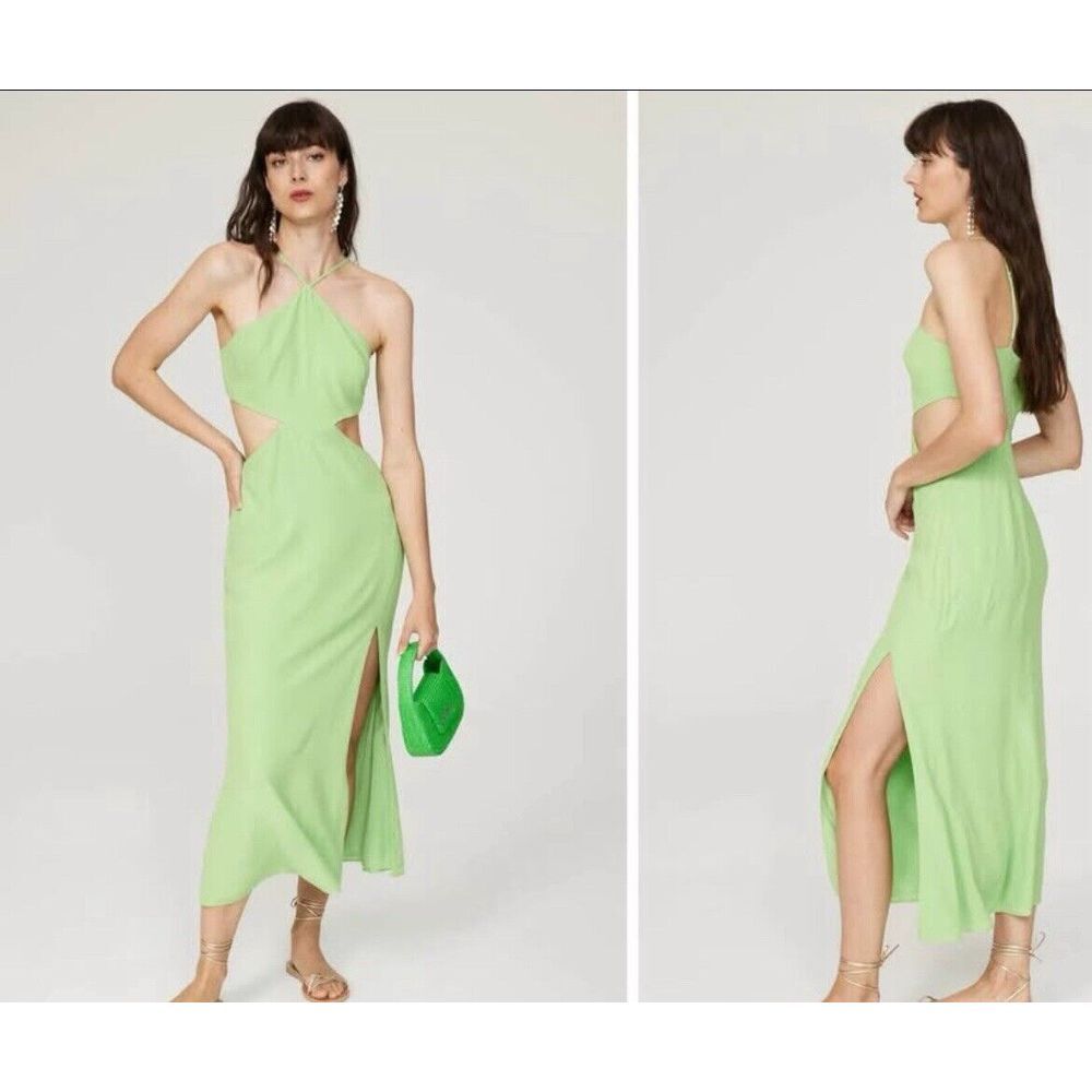 Louna Designer Halter Cutout Midi‎ Green Slit Dress Size Small $265